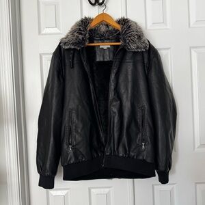 Men's Black Faux Leather Bomber Jacket with Fur Collar